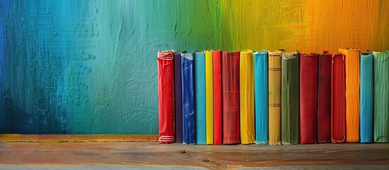 Aufkleber - Colorful books neatly stacked on a wooden table, creating an educational backdrop with a back-to-school theme, providing room for text next to them in the image. copy space available