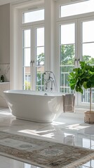 Canvas Print - Luxurious bathroom with a freestanding bathtub, marble tiles, and a large plant. AI.