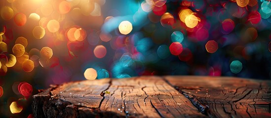 Poster - Product displayed on a log wood tabletop with a colorful bokeh light background, ideal for showcasing with copy space image.