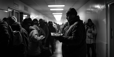 People waiting in line for food. AI.