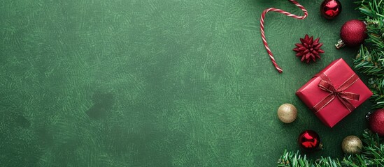 Poster - Top view of a red gift box and Christmas decoration on a green background with copy space image.