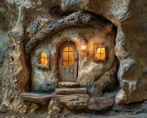 Wall Mural - A miniature house made of stone with a wooden door and windows. AI.