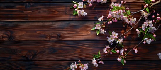 Poster - Wooden background with a lovely blossoming branch in the copy space image.