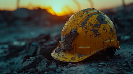 A yellow hard hat sits on a pile of rubble at a construction site. AI.