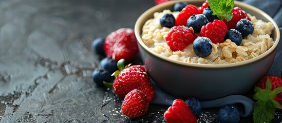 Poster - Healthy breakfast concept featuring oatmeal porridge with fresh berries and strawberries with a selective focus on a copy space image.