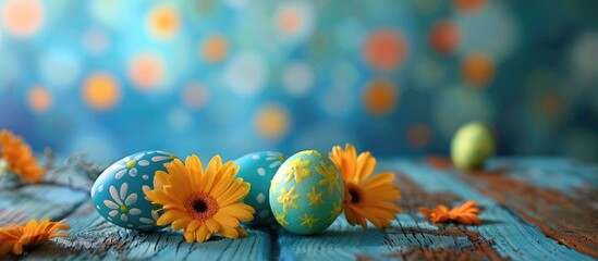 Poster - Easter-themed decorations like painted eggs and flowers on a wooden surface create a charming greeting card with a blank area for additional content, termed as copy space image.