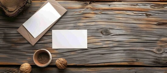 Poster - A creative set of mockup templates for visit cards displayed on a wooden background with copy space image.