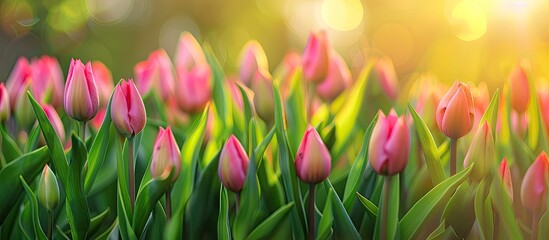 Aufkleber - Blooming tulip buds in a spring meadow create a vibrant floral backdrop with plenty of copy space image.