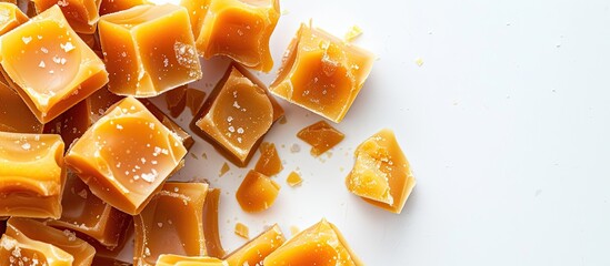Poster - Golden butterscotch toffee candy with copy space image on white background.