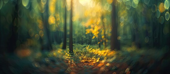 Leinwandbilder - Forest trees and leaves with sunlight create a dreamy blur. Captured in a forest, forming a captivating abstract nature backdrop, perfect for copy space image.