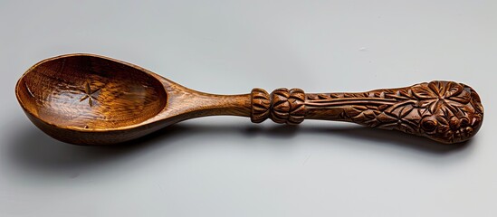 Poster - A utensil made from carved wood for stirring or serving food, often with a unique design for decoration. copy space available