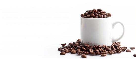 Poster - Coffee beans fill a white mug against a transparent backdrop in a copy space image.