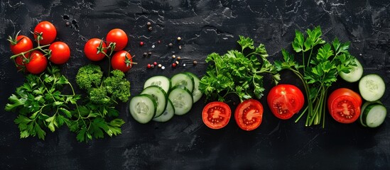 Poster - Top view of summer green salad ingredients like red tomatoes, cucumbers, and parsley on a black background with copy space image.