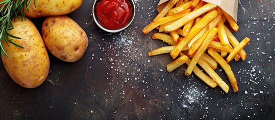 Poster - Potato ready to fry is on a table with french fries as a background in the copy space image.