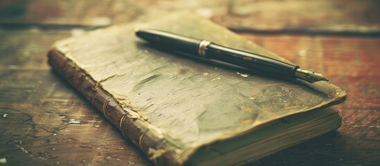 Fototapete - Vintage-toned image of a notebook and pen on a wooden table with copy space image.