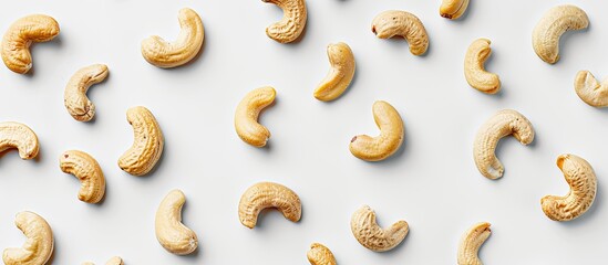 Poster - White background showcasing a pattern made of peanuts and cashews with copy space image.