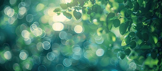Poster - Blurred green bokeh circles from tree leaves in the background of an unfocused circular image, providing copy space.