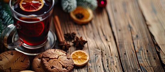 Poster - Close-up image of a delicious mulled wine and cookie on a wooden table with copy space image available for text.