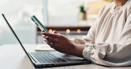 Leinwandbilder - Hands, typing and business woman with mobile at desk for communication, texting or update schedule in office. Online, laptop and human resources consultant for advice, feedback or replying to email