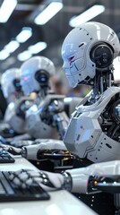 Poster - A row of white robots, each with a distinct humanoid form, are working diligently at computers in a futuristic, sterile office setting