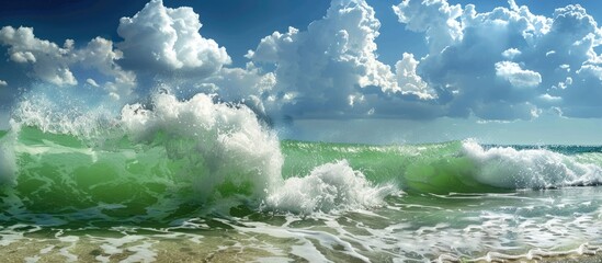 Wall Mural - Scenic beach setting with vibrant green wave crashing against the shoreline under a sky scattered with fluffy white cumulus clouds, ideal as a copy space image.