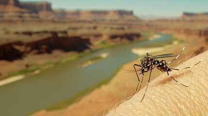 West Nile Virus: a mosquito sucking blood on human skin. Rivel Nile in the background