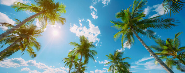 Tropical palm trees against a background of blue sky and bright sun