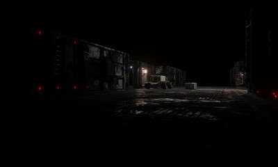 central hallway in dark scene 3d rendering science fiction wallpaper background