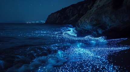 Wall Mural - At night, the ocean shimmers with bioluminescent light, a magical display of nature's wonders.