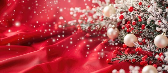 Poster - A festive scene featuring a Christmas tree with white toy balls, rowan berries, and a sparkling garland on a red silk background, perfect for a copy space image.