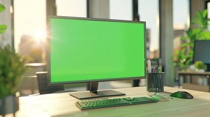 Aufkleber - Modern office desk with a computer monitor featuring a green screen mockup. Sunlight streaming through large windows illuminates the space. 