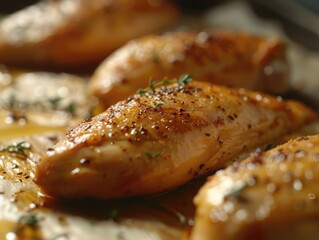 Wall Mural - A piece of chicken is covered in herbs and spices. The chicken is sitting on a pan. The chicken is cooked and ready to be eaten