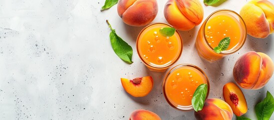 Canvas Print - Top view of fresh peach juice with a white backdrop and copy space image, showcasing healthy food with fresh peaches.