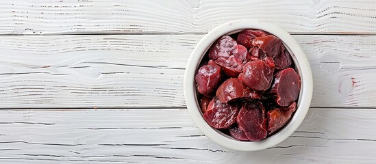 Poster - Top-down view of a bowl containing fresh raw pork kidneys placed on a white wooden surface, providing space for text alongside the image. Copy space image. Place for adding text and design