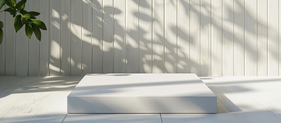 Poster - top view of a white square podium mockup in bright lighting with shadows against a soft white wooden