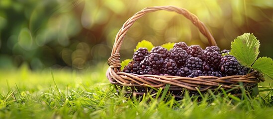 Sticker - Ripe blackberries in a wicker basket on green grass outdoors, with ample copy space image.