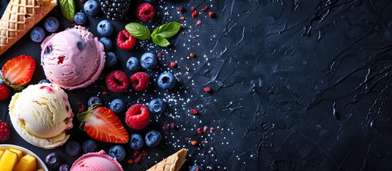 Poster - A summery food concept features ice cream, fruits, and colorful elements set against a dark table background, with ample space for text or images.