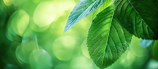 Canvas Print - Nature's close-up: Vibrant green leaf with a blurred garden backdrop as a fresh wallpaper idea, incorporating copy space image for a natural touch.