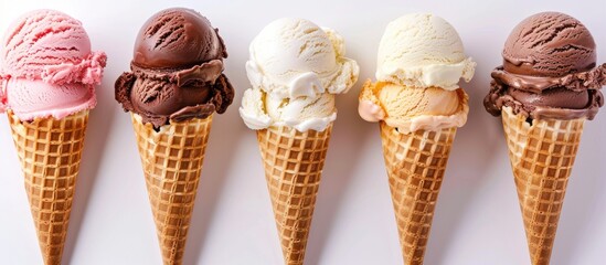 Canvas Print - Ice cream cones displaying a range of flavors like chocolate, vanilla, and strawberry, against a background ideal for copy space image.