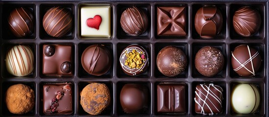 Poster - A variety of handmade Swiss chocolates, luxury dark and milk organic pralines in a gift box, perfect sweet treats for holiday gifting, from a high-end confectionery brand, all displayed in a copy