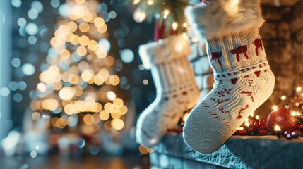 Wall Mural - A pair of white Christmas stockings with deer on them are on a mantle. The scene is lit up with Christmas lights, creating a warm and festive atmosphere