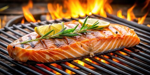 Canvas Print - Salmon steak sizzling on a hot grill , seafood, dinner, barbecue, cooking, gourmet, healthy, delicious, meal, outdoor, summer