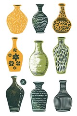 Wall Mural - A set of vases with different designs and colors. The vases are arranged in a row, with some being taller and others shorter. Scene is one of variety and creativity