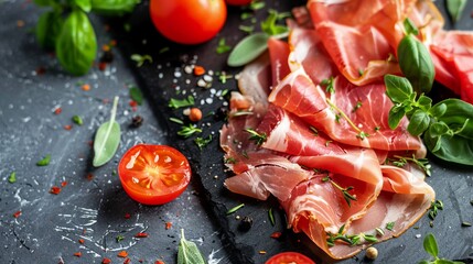Wall Mural - Delicious Prosciutto with Fresh Tomatoes and Herbs on Slate Board. Beautifully arranged dish for culinary themes. Ideal for food blogs, websites, and advertisements showcasing gourmet ingredients. AI