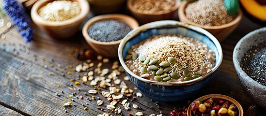 Wall Mural - Superfood concept featuring raw buckwheat porridge in a bowl on a wooden kitchen table. The display showcases healthy vegan options, organic products, and suggests weight loss and balanced nutrition