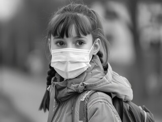 Wall Mural - A girl wearing a mask and a jacket. She is wearing a backpack