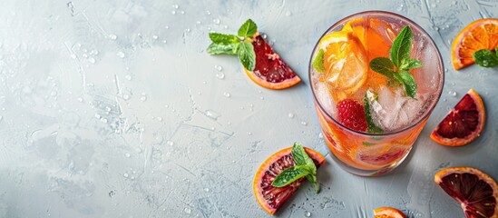 Poster - Glass with a summer cocktail featuring red oranges, with copy space image.