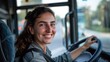 © AriyaniAI - A woman is smiling and driving a bus