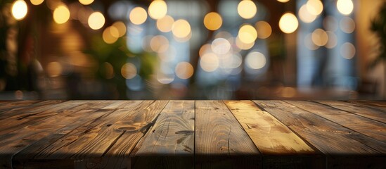 Wall Mural - Brown wooden table with focus on empty space, surrounded by a blurred coffee shop background featuring bokeh effects, ideal for product display with a copy space image.