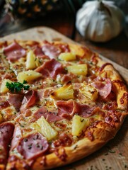 Wall Mural - A pizza with ham and pineapple toppings sits on a wooden cutting board. The pizza is topped with cheese and herbs, and it looks delicious